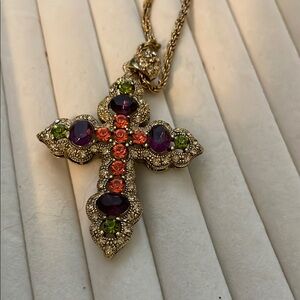Purple and Orange Floral  Cross Necklace with Vintage Design